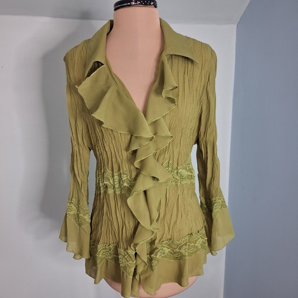Jaipur Y2K Green Ruffle Sz XL Regency Blouse Fairy Lace Crinkle VTG Bell Sleeve
